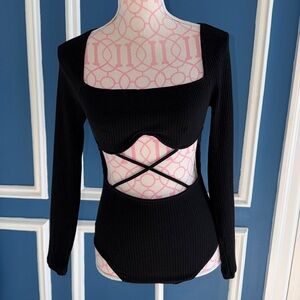 Le Lis Black Ribbed Bodysuit Long Sleeved Wired Bra Cutouts - Size S